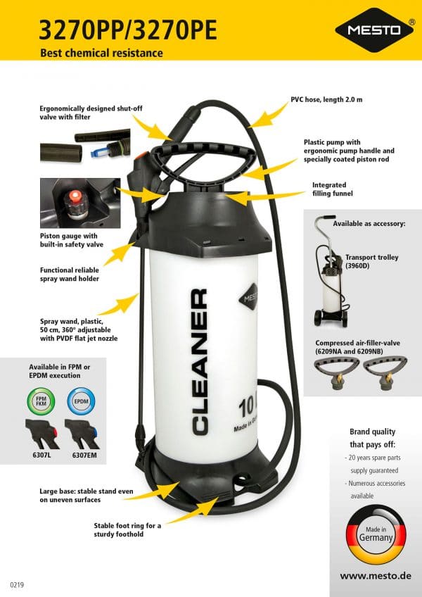 A 10 litre Mesto compressed air sprayer resistant to acids with FPM (Viton) seals