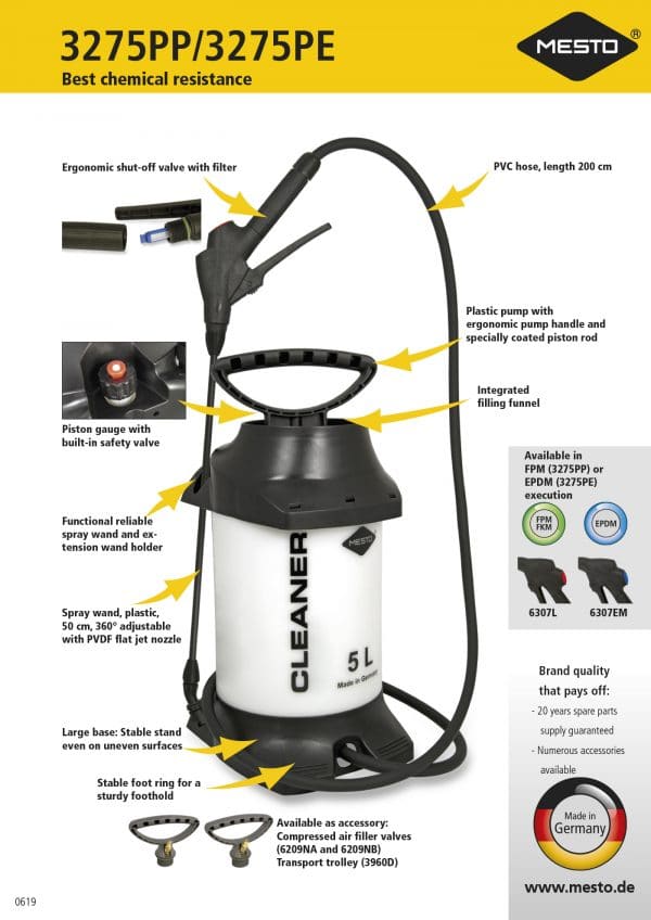 A 5 litre Mesto compressed air sprayer resistant to alkalis with EPDM seals